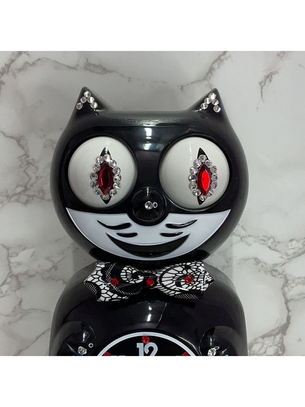 CUSTOM Jeweled Black Kit-Cat Klock clock with Chantilly lace tail and bow tie - Picture 2 of 7